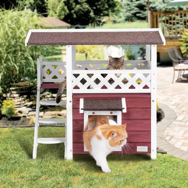 Petsfit Durable Roof Cat House Outdoor Weatherproof with Escape Door Stair or Scratch Board 2 Story Design Perfect for Multi Cats Outside Cat House GrayRed