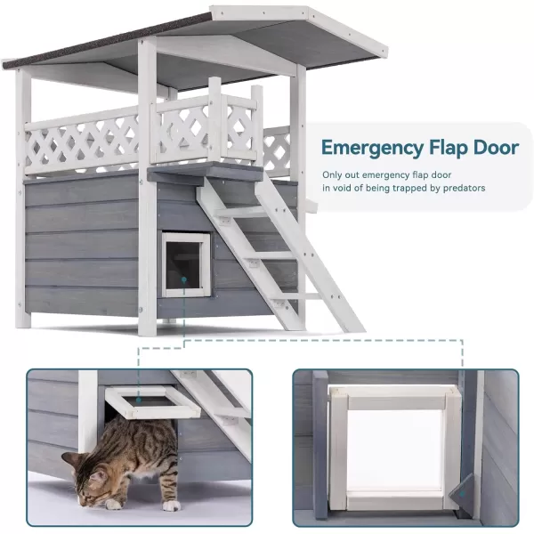 Petsfit Durable Roof Cat House Outdoor Weatherproof with Escape Door Stair or Scratch Board 2 Story Design Perfect for Multi Cats Outside Cat House GrayGray