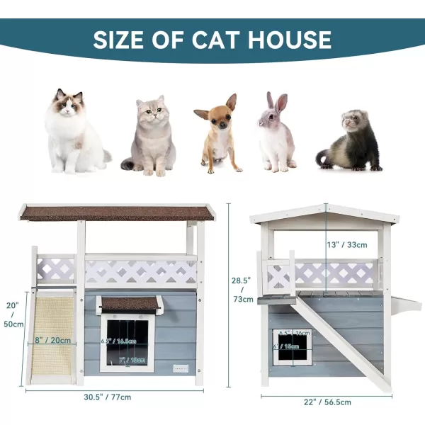 Petsfit Durable Roof Cat House Outdoor Weatherproof with Escape Door Stair or Scratch Board 2 Story Design Perfect for Multi Cats Outside Cat House GrayGrayWith ScratchersB