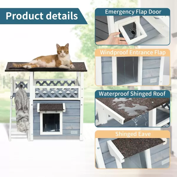 Petsfit Durable Roof Cat House Outdoor Weatherproof with Escape Door Stair or Scratch Board 2 Story Design Perfect for Multi Cats Outside Cat House GrayGrayWith LadderA