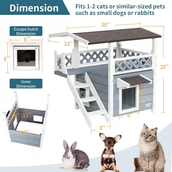 Petsfit Durable Roof Cat House Outdoor Weatherproof with Escape Door Stair or Scratch Board 2 Story Design Perfect for Multi Cats Outside Cat House GrayGrayWith LadderA