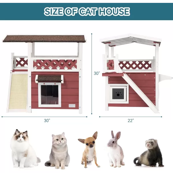 Petsfit Durable Roof Cat House Outdoor Weatherproof with Escape Door Stair or Scratch Board 2 Story Design Perfect for Multi Cats Outside Cat House GrayRedWith Scratchers