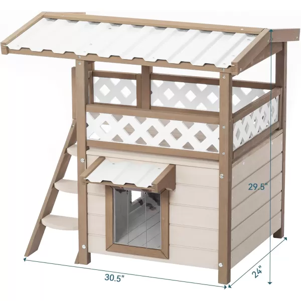 Petsfit Durable Roof Cat House Outdoor Weatherproof with Escape Door Stair or Scratch Board 2 Story Design Perfect for Multi Cats Outside Cat House GrayBrownWith Ladder