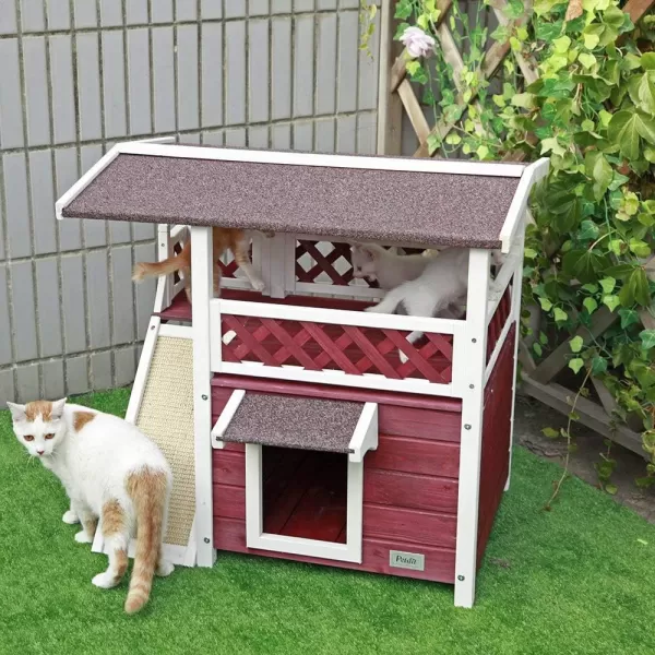 Petsfit Durable Roof Cat House Outdoor Weatherproof with Escape Door Stair or Scratch Board 2 Story Design Perfect for Multi Cats Outside Cat House GrayRedWith Scratchers