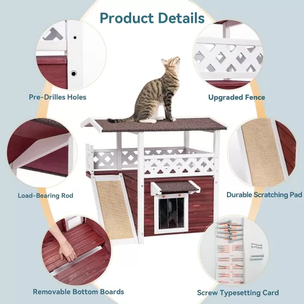 Petsfit Durable Roof Cat House Outdoor Weatherproof with Escape Door Stair or Scratch Board 2 Story Design Perfect for Multi Cats Outside Cat House GrayDark Red