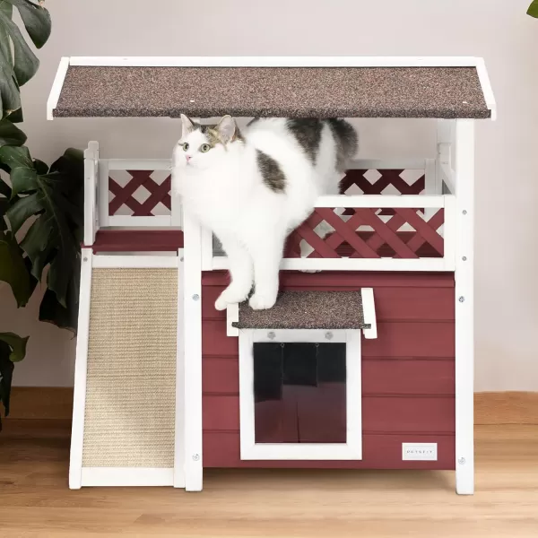 Petsfit Durable Roof Cat House Outdoor Weatherproof with Escape Door Stair or Scratch Board 2 Story Design Perfect for Multi Cats Outside Cat House GrayRedWith Scratchers