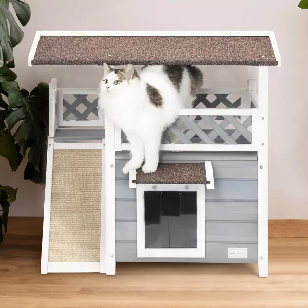 Petsfit Durable Roof Cat House Outdoor Weatherproof with Escape Door Stair or Scratch Board 2 Story Design Perfect for Multi Cats Outside Cat House GrayGrayWith Scratchers