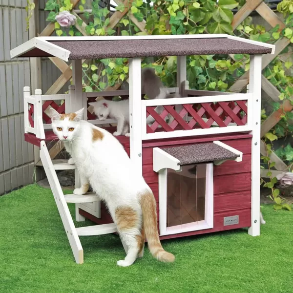 Petsfit Durable Roof Cat House Outdoor Weatherproof with Escape Door Stair or Scratch Board 2 Story Design Perfect for Multi Cats Outside Cat House GrayRedWith Ladder