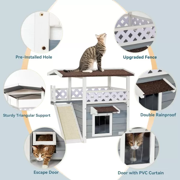 Petsfit Durable Roof Cat House Outdoor Weatherproof with Escape Door Stair or Scratch Board 2 Story Design Perfect for Multi Cats Outside Cat House GrayGrayWith ScratchersB