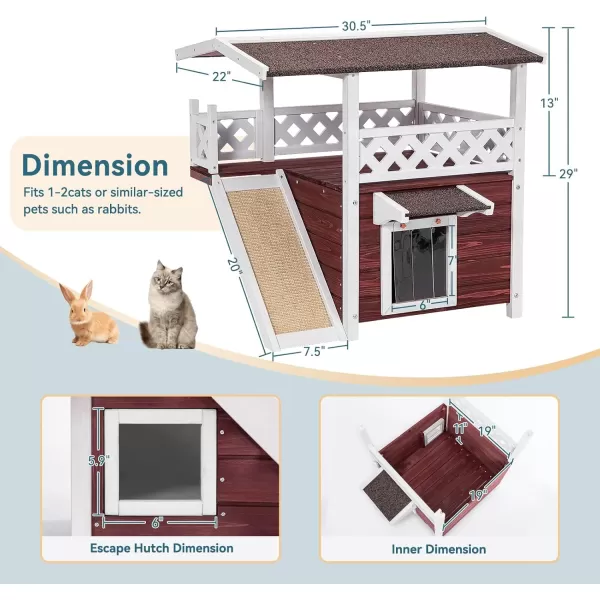 Petsfit Durable Roof Cat House Outdoor Weatherproof with Escape Door Stair or Scratch Board 2 Story Design Perfect for Multi Cats Outside Cat House GrayDark Red