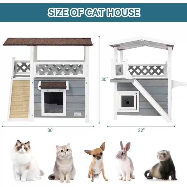 Petsfit Durable Roof Cat House Outdoor Weatherproof with Escape Door Stair or Scratch Board 2 Story Design Perfect for Multi Cats Outside Cat House GrayGrayWith Scratchers