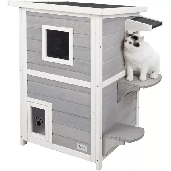 Petsfit Cat House Outdoor Weatherproof for 12 Cats Sizing 34quot Lx18 Wx23 HWooden Outside Cat House with Corrido and Escape Door WhiteGrey