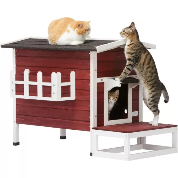 Petsfit Cat House Outdoor Weatherproof for 12 Cats Sizing 34quot Lx18 Wx23 HWooden Outside Cat House with Corrido and Escape Door WhiteSinge StroyRed