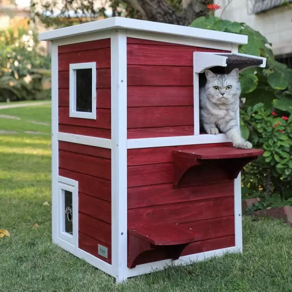 Petsfit Cat House Outdoor Weatherproof for 12 Cats Sizing 34quot Lx18 Wx23 HWooden Outside Cat House with Corrido and Escape Door WhiteTwo StroyRed