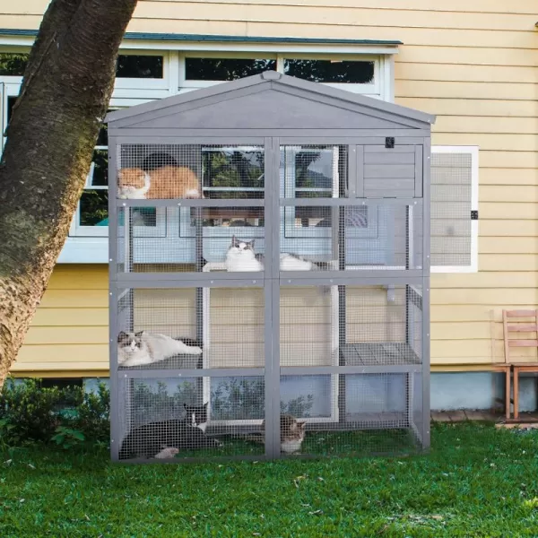 Petsfit Catio Outdoor Cat Enclosure 71quot Height Outdoor Cat House with Large Front Door  Two Enter Door3 Platforms 2 Lounge