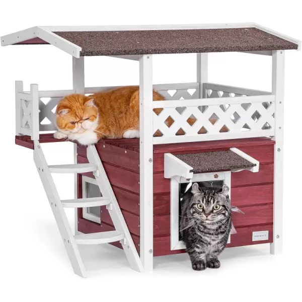 Petsfit Durable Roof Cat House Outdoor Weatherproof with Escape Door Stair or Scratch Board 2 Story Design Perfect for Multi Cats Outside Cat House GrayRed