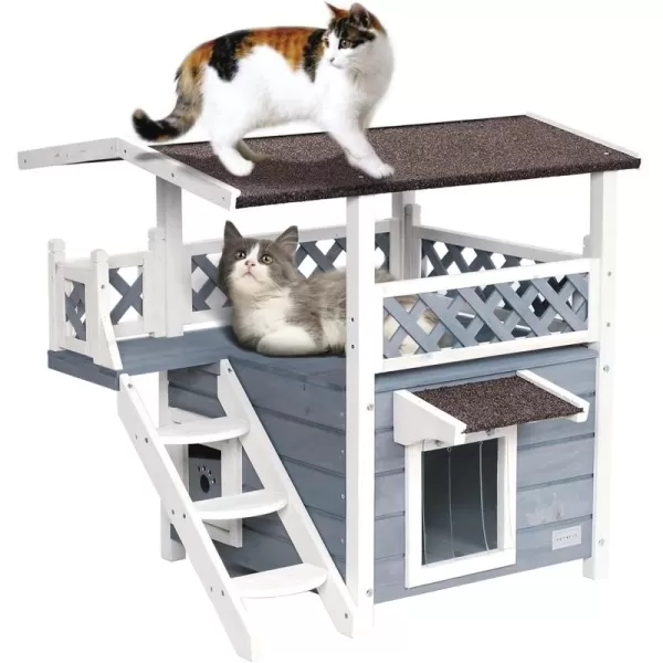 Petsfit Durable Roof Cat House Outdoor Weatherproof with Escape Door Stair or Scratch Board 2 Story Design Perfect for Multi Cats Outside Cat House GrayGrayWith LadderA