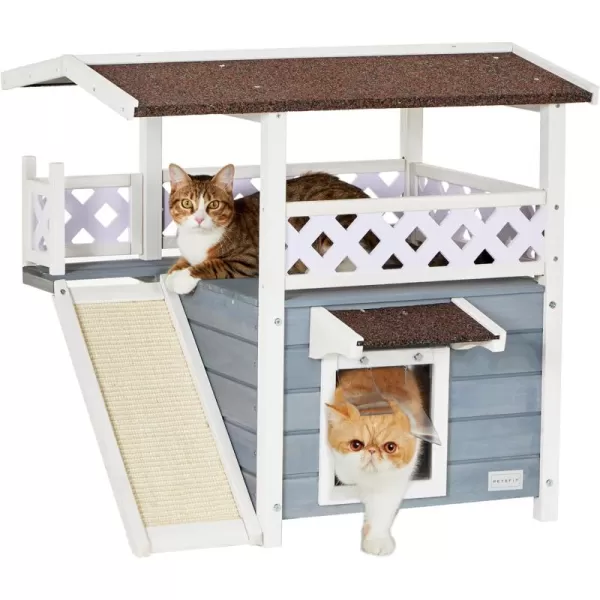 Petsfit Durable Roof Cat House Outdoor Weatherproof with Escape Door Stair or Scratch Board 2 Story Design Perfect for Multi Cats Outside Cat House GrayGrayWith ScratchersB