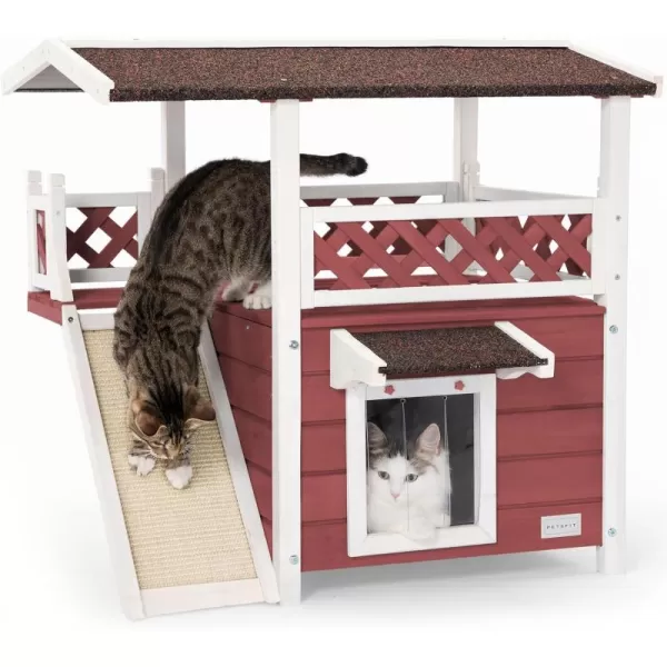 Petsfit Durable Roof Cat House Outdoor Weatherproof with Escape Door Stair or Scratch Board 2 Story Design Perfect for Multi Cats Outside Cat House GrayRedWith Scratchers