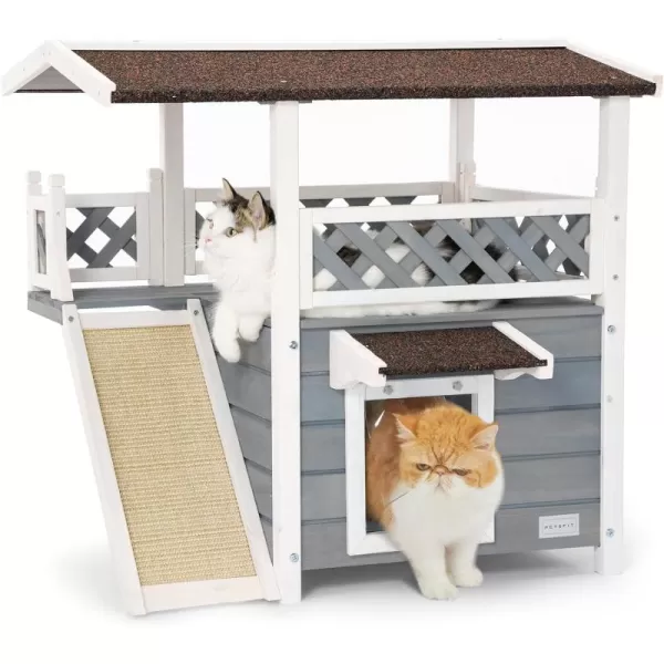 Petsfit Durable Roof Cat House Outdoor Weatherproof with Escape Door Stair or Scratch Board 2 Story Design Perfect for Multi Cats Outside Cat House GrayGrayWith Scratchers