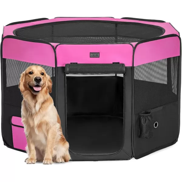 PETSFIT Dog Playpen 455quot Dia Pop Up Foldable Large Dog Kennel Indoor Outdoor Travel Portable Pet Playpen with Carring Case Zipper Removable Mesh Top Cover and Leakproof Playpen Bottom Mat Pink LPink