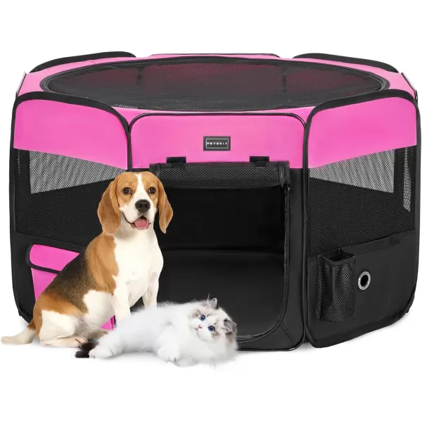 PETSFIT Dog Playpen 455quot Dia Pop Up Foldable Large Dog Kennel Indoor Outdoor Travel Portable Pet Playpen with Carring Case Zipper Removable Mesh Top Cover and Leakproof Playpen Bottom Mat Pink LPink