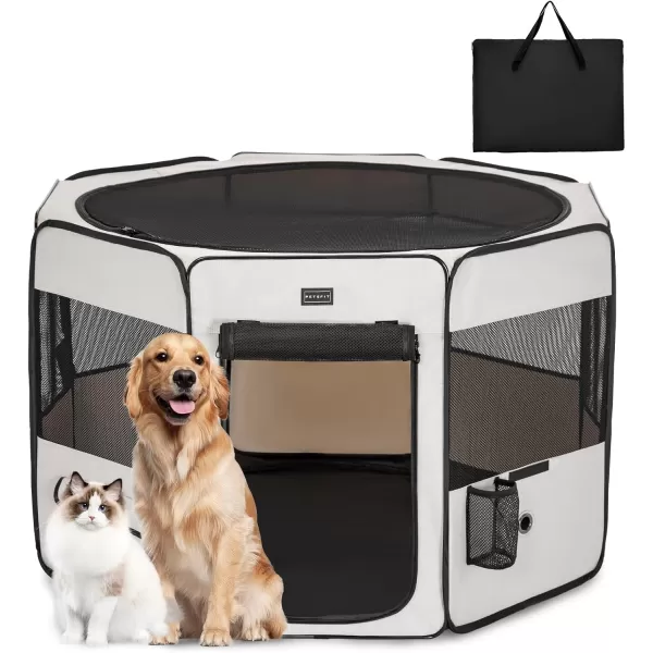 PETSFIT Dog Playpen 455quot Dia Pop Up Foldable Large Dog Kennel Indoor Outdoor Travel Portable Pet Playpen with Carring Case Zipper Removable Mesh Top Cover and Leakproof Playpen Bottom Mat Pink LBeigeBlack