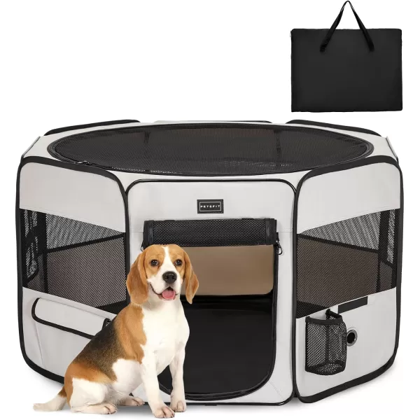 PETSFIT Dog Playpen 455quot Dia Pop Up Foldable Large Dog Kennel Indoor Outdoor Travel Portable Pet Playpen with Carring Case Zipper Removable Mesh Top Cover and Leakproof Playpen Bottom Mat Pink LBeigeBlack