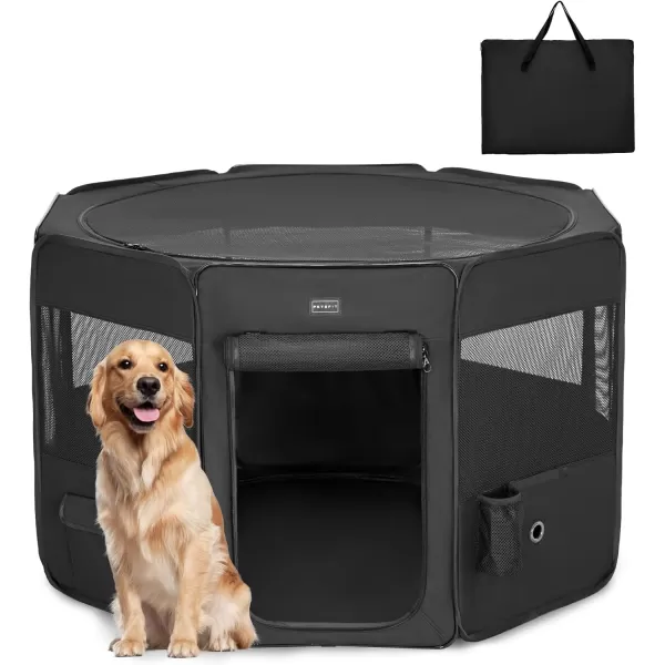 PETSFIT Dog Playpen 455quot Dia Pop Up Foldable Large Dog Kennel Indoor Outdoor Travel Portable Pet Playpen with Carring Case Zipper Removable Mesh Top Cover and Leakproof Playpen Bottom Mat Pink LBlack