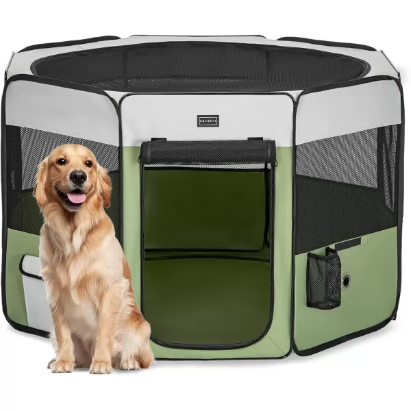 PETSFIT Dog Playpen 455quot Dia Pop Up Foldable Large Dog Kennel Indoor Outdoor Travel Portable Pet Playpen with Carring Case Zipper Removable Mesh Top Cover and Leakproof Playpen Bottom Mat Pink LGreen