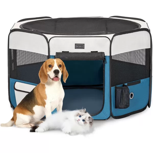 PETSFIT Dog Playpen 455quot Dia Pop Up Foldable Large Dog Kennel Indoor Outdoor Travel Portable Pet Playpen with Carring Case Zipper Removable Mesh Top Cover and Leakproof Playpen Bottom Mat Pink LBlue