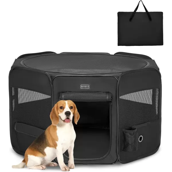 PETSFIT Dog Playpen 455quot Dia Pop Up Foldable Large Dog Kennel Indoor Outdoor Travel Portable Pet Playpen with Carring Case Zipper Removable Mesh Top Cover and Leakproof Playpen Bottom Mat Pink LBlack