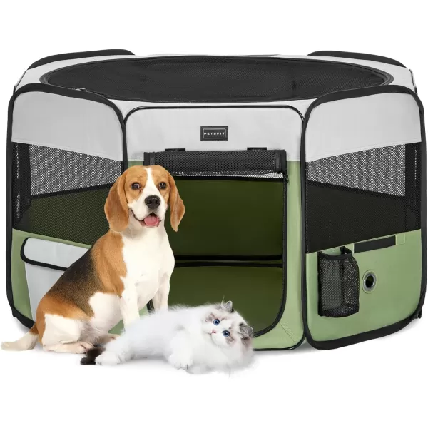 PETSFIT Dog Playpen 455quot Dia Pop Up Foldable Large Dog Kennel Indoor Outdoor Travel Portable Pet Playpen with Carring Case Zipper Removable Mesh Top Cover and Leakproof Playpen Bottom Mat Pink LGreen