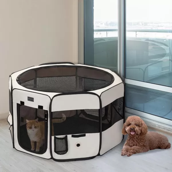 PETSFIT Dog Playpen 455quot Sturdy Pop Up Dog Kennel Foldable Dog Pen Indoor Outdoor Puppy Playpen for Medium Dogs Cats with Traveling Bag Zipper Sealed Removable Mesh Top Leakproof Bottom Mat Black LBeige