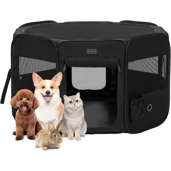 PETSFIT Dog Playpen 455quot Sturdy Pop Up Dog Kennel Foldable Dog Pen Indoor Outdoor Puppy Playpen for Medium Dogs Cats with Traveling Bag Zipper Sealed Removable Mesh Top Leakproof Bottom Mat Black LBlack