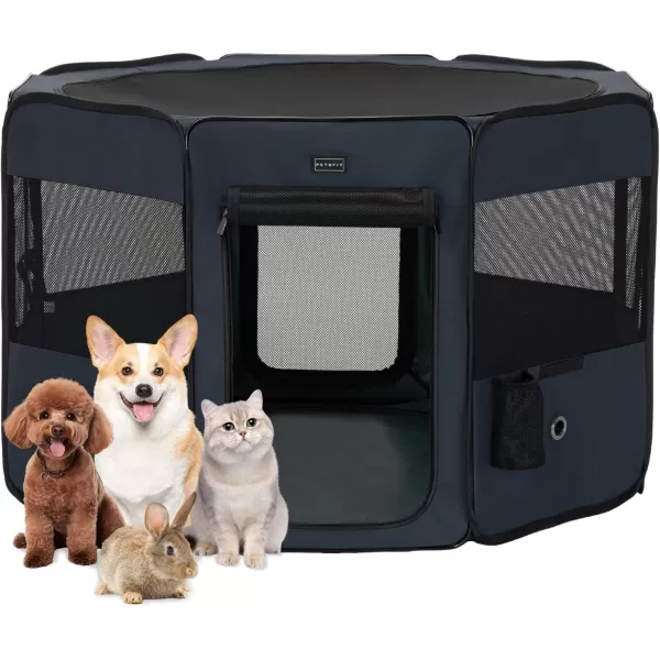 PETSFIT Dog Playpen 455quot Sturdy Pop Up Dog Kennel Foldable Dog Pen Indoor Outdoor Puppy Playpen for Medium Dogs Cats with Traveling Bag Zipper Sealed Removable Mesh Top Leakproof Bottom Mat Black LBlue