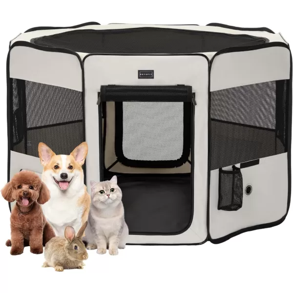 PETSFIT Dog Playpen 455quot Sturdy Pop Up Dog Kennel Foldable Dog Pen Indoor Outdoor Puppy Playpen for Medium Dogs Cats with Traveling Bag Zipper Sealed Removable Mesh Top Leakproof Bottom Mat Black LBeige