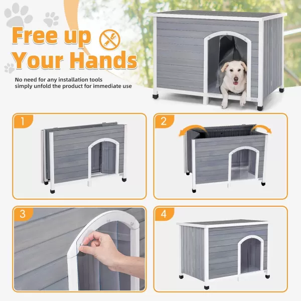 Petsfit 402quot Dog House Outside Dog House Weatherproof No Tools Required Assembly Folding Dog House Outdoor Unfold to Use Outdoor Dog House with Door Flap Medium GreyGrey  WhiteL453 L