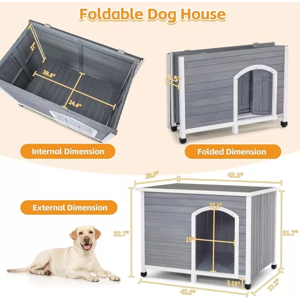 Petsfit 402quot Dog House Outside Dog House Weatherproof No Tools Required Assembly Folding Dog House Outdoor Unfold to Use Outdoor Dog House with Door Flap Medium GreyGrey  WhiteL453 L