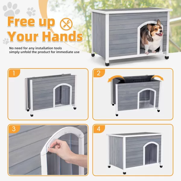 Petsfit 402quot Dog House Outside Dog House Weatherproof No Tools Required Assembly Folding Dog House Outdoor Unfold to Use Outdoor Dog House with Door Flap Medium GreyGrey  WhiteM402 L