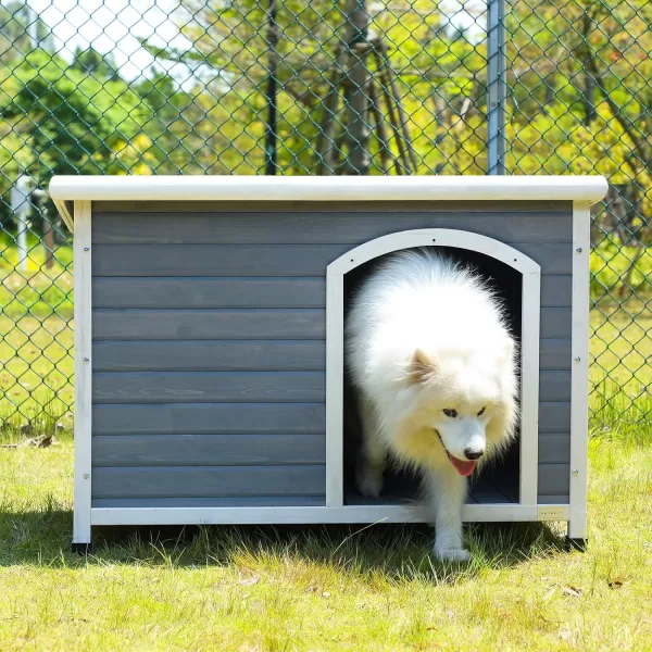 Petsfit Extra Large Dog House Outdoor Wooden Dog House for Large Dogs Red 456quotL X 31quotW X 32quotHGrey  White