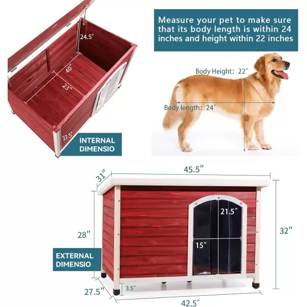 Petsfit Extra Large Dog House Outdoor Wooden Dog House for Large Dogs Red 456quotL X 31quotW X 32quotHRed