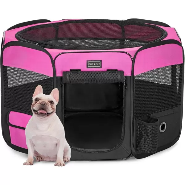 PETSFIT Dog Playpen 455quot Dia Pop Up Foldable Large Dog Kennel Indoor Outdoor Travel Portable Pet Playpen with Carring Case Zipper Removable Mesh Top Cover and Leakproof Playpen Bottom Mat Pink LPink