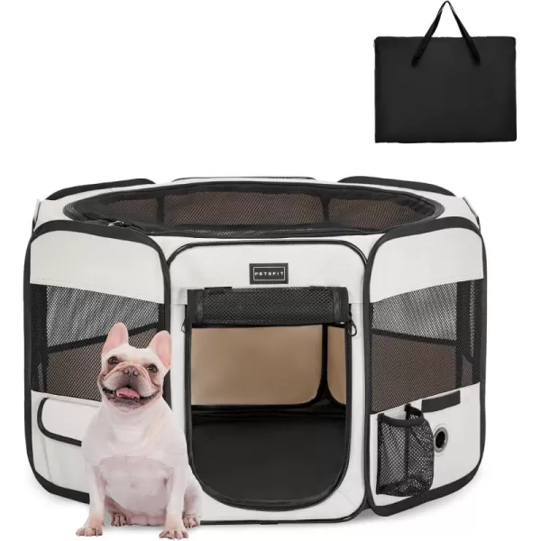 PETSFIT Dog Playpen 455quot Dia Pop Up Foldable Large Dog Kennel Indoor Outdoor Travel Portable Pet Playpen with Carring Case Zipper Removable Mesh Top Cover and Leakproof Playpen Bottom Mat Pink LBeigeBlack