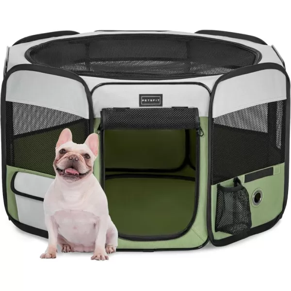 PETSFIT Dog Playpen 455quot Dia Pop Up Foldable Large Dog Kennel Indoor Outdoor Travel Portable Pet Playpen with Carring Case Zipper Removable Mesh Top Cover and Leakproof Playpen Bottom Mat Pink LGreen