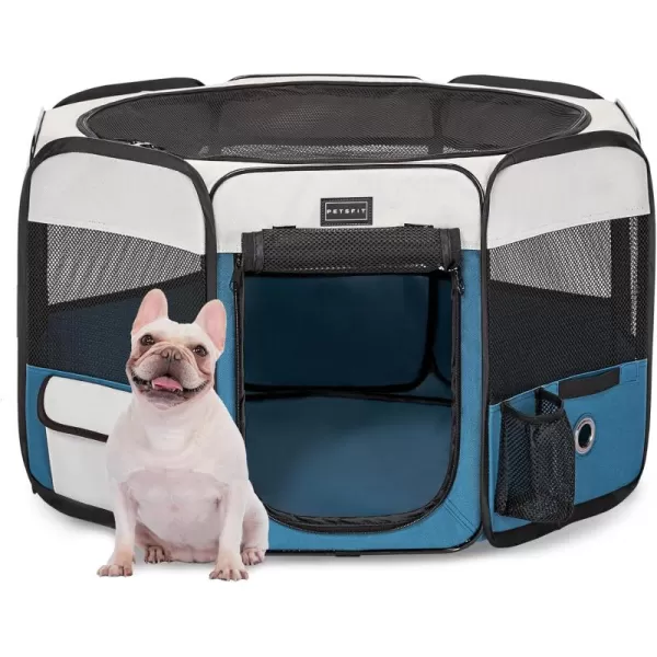 PETSFIT Dog Playpen 455quot Dia Pop Up Foldable Large Dog Kennel Indoor Outdoor Travel Portable Pet Playpen with Carring Case Zipper Removable Mesh Top Cover and Leakproof Playpen Bottom Mat Pink LBlue