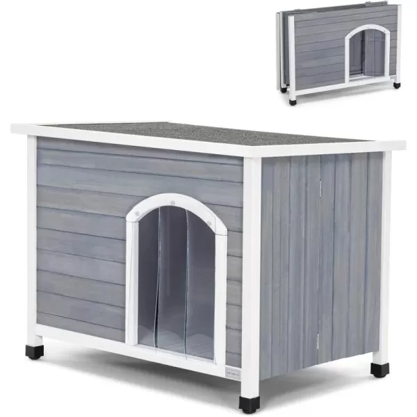 Petsfit 402quot Dog House Outside Dog House Weatherproof No Tools Required Assembly Folding Dog House Outdoor Unfold to Use Outdoor Dog House with Door Flap Medium GreyGrey  WhiteM402 L