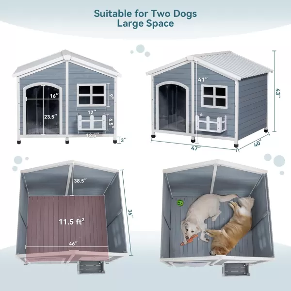 Petsfit 47quot Dog House Outdoor with Waterproof PVC Roof Extra Large Dog House for 2 Medium Dogs Dog House Outdoor Large Breed XXL Dog Houses with Window Gray47Gray