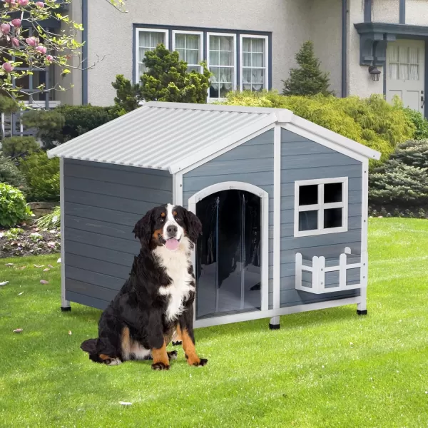 Petsfit 47quot Dog House Outdoor with Waterproof PVC Roof Extra Large Dog House for 2 Medium Dogs Dog House Outdoor Large Breed XXL Dog Houses with Window Gray47 Grey  Upgrade