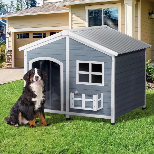 Petsfit 47quot Dog House Outdoor with Waterproof PVC Roof Extra Large Dog House for 2 Medium Dogs Dog House Outdoor Large Breed XXL Dog Houses with Window Gray47Gray